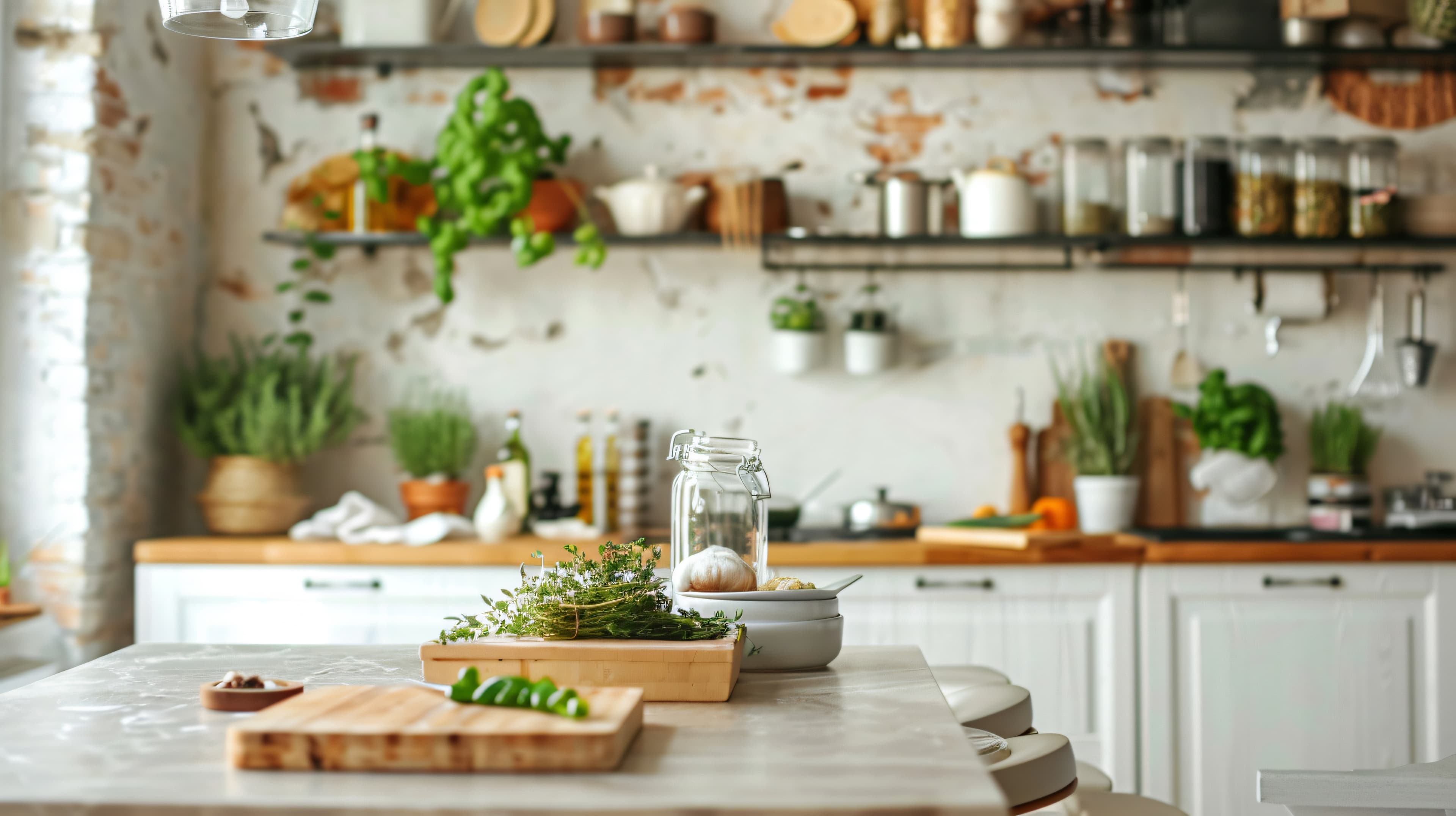 Cuisine lumineuse avec herbes aromatiques et ingrédients frais